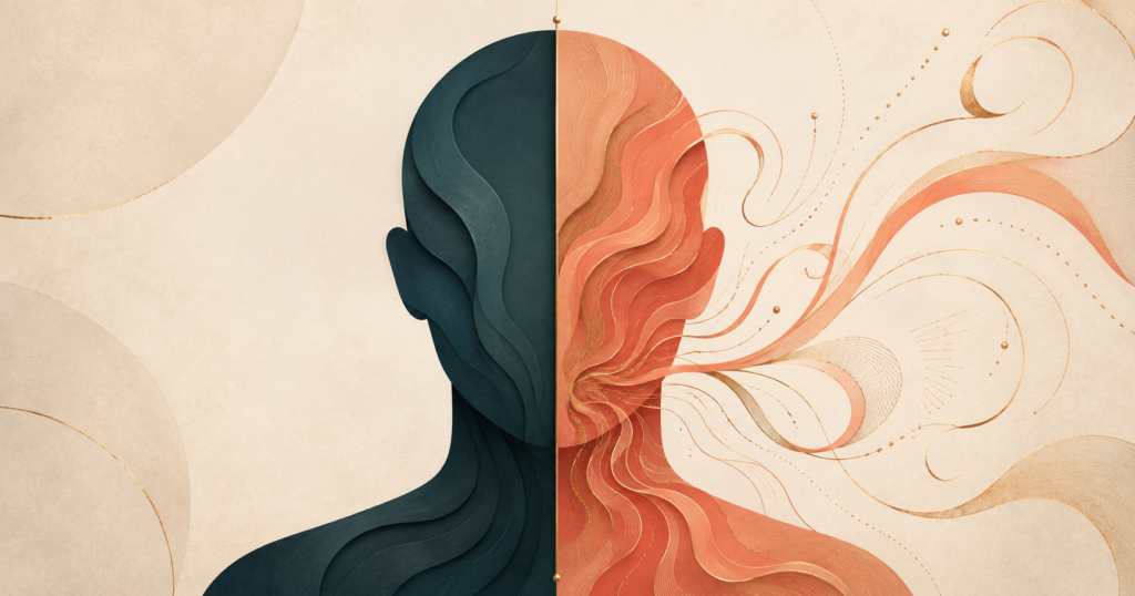 Abstract split silhouette of a head, one half in quiet deep teal, the other rendered in warm coral with flowing organic marks, symbolizing language lateralization in the brain