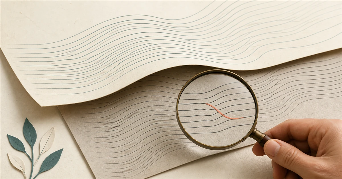 Magnifying glass revealing a hidden divergence in smooth parallel lines on layered paper.