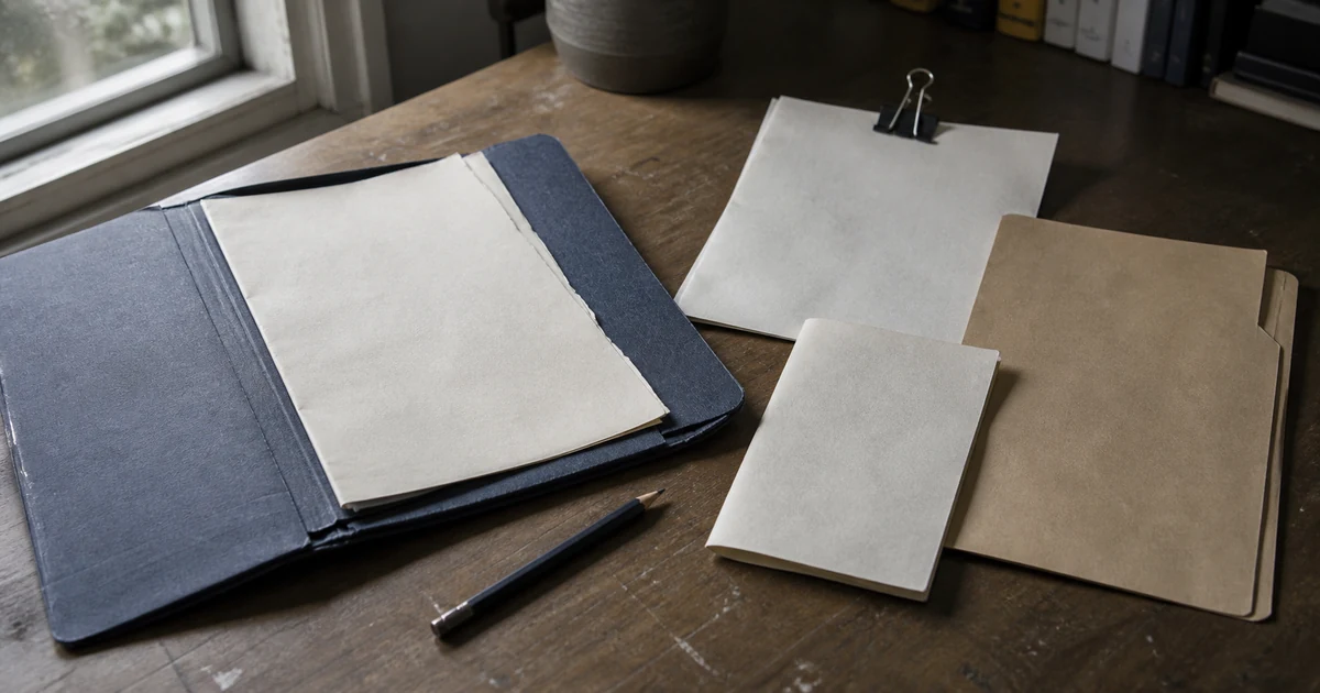 Open document folder with several blank paperwork options arranged on a worn desk.