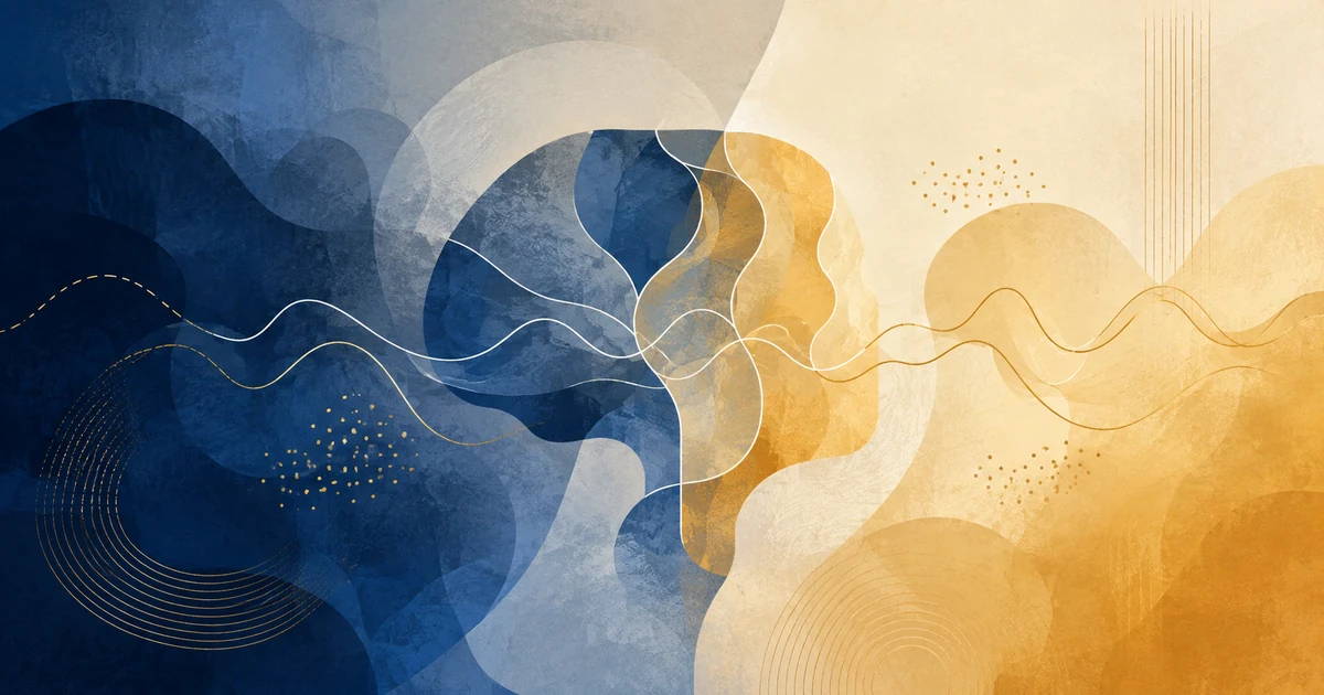 Abstrakte, mehrschichtige Illustration in tiefem Blau und warmem Gold als Sinnbild für das Fremdsprachen-Akzent-Syndrom, eine seltene neurologische Sprechstörung