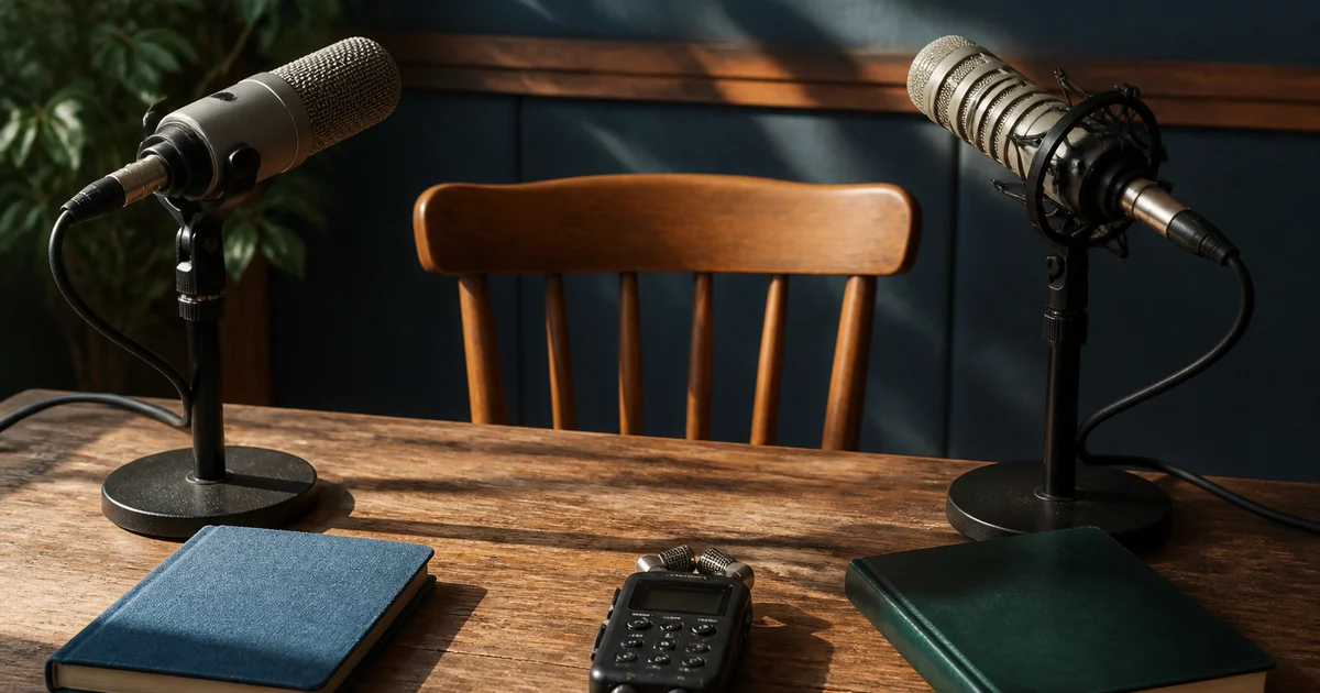 Two microphones facing one chair, representing one speaker shaped by two language environments.