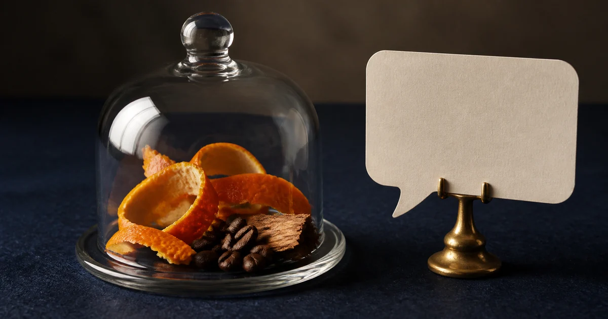Orange peel, coffee beans and cedar under a glass cloche beside a blank speech-shaped card.