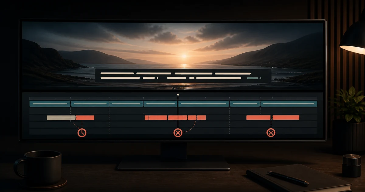 Ultrawide video-editing monitor showing subtitle timing and segmentation problems.